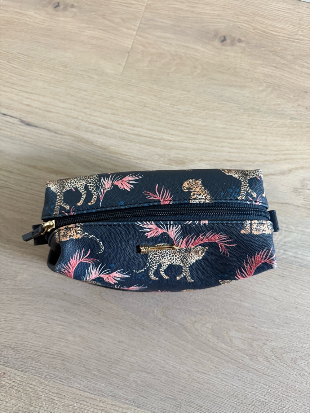 Leopard Print Cosmetic Pouch in Navy with Pink Accents